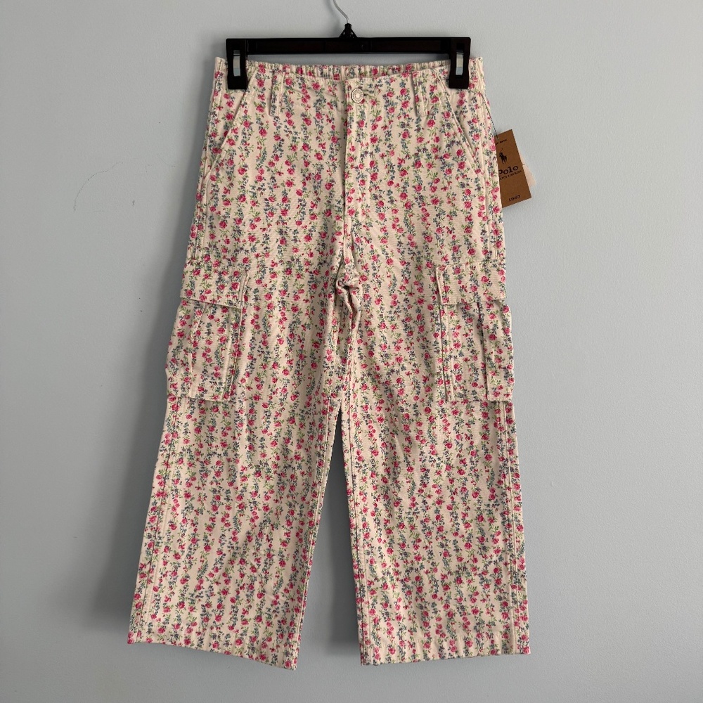Polo Ralph Lauren Big Girls Floral Canvas Wide Leg Cargo Cotton Pants Size 12